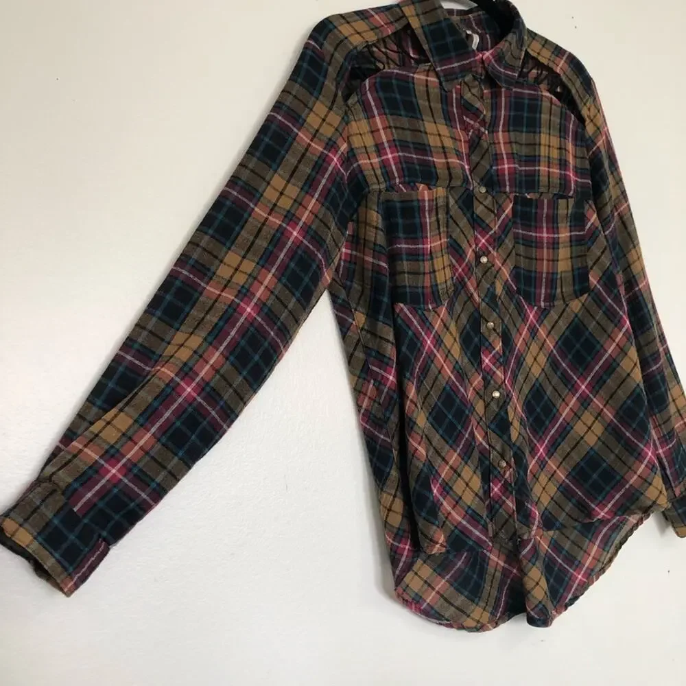 Free People Stitch Detail Plaid Button Up Shirt